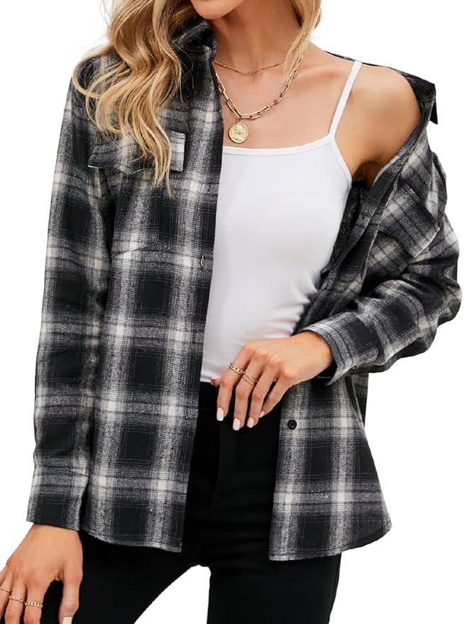 Womens Flannel Shirts Long Sleeve Plaid Button Up Shirt Collared Boyfriend Tops | Amazon (US)
