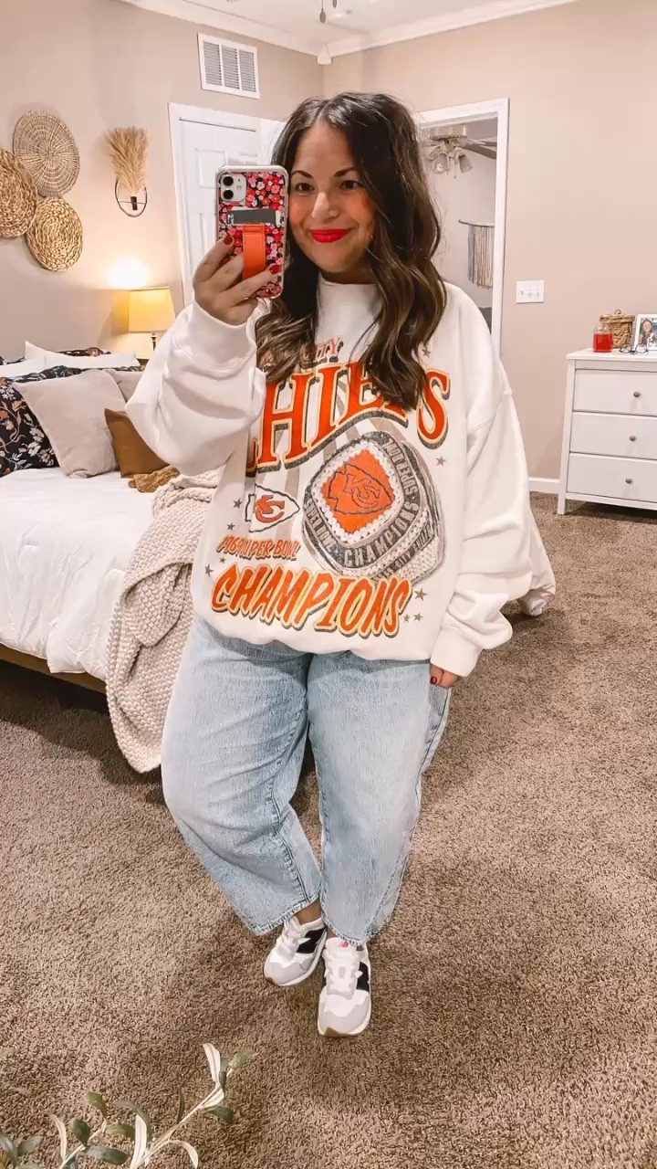 Give me ALL the Chiefs gear!! ❤️💛

sneakers: fit true to size // wearing a 3 in kids (linking adult sizes as well)
jeans: fit true to size // wearing a 14
crewneck: fits true to size // wearing a large 

 #LTKWatchNow #LTKSaleAlert #LTKStyleTip