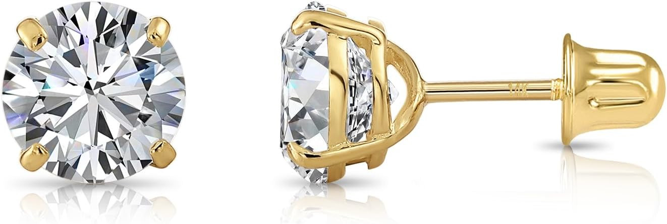 14k Yellow Gold Solitaire Round Cubic Zirconia Stud Earrings in Screw-backs | Amazon (US)
