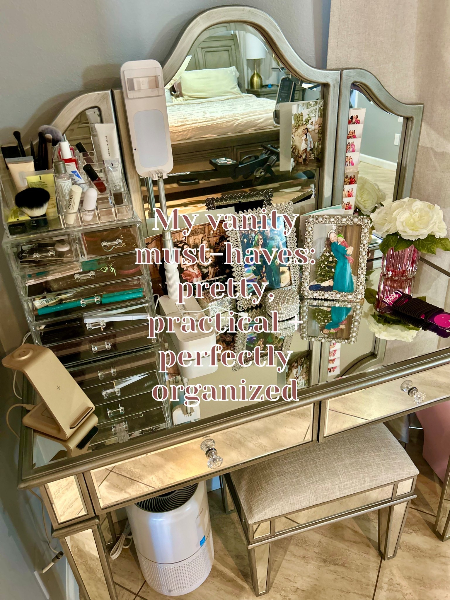 Where the magic happens—aka my glam corner!
Mirrored vanity, acrylic organizer, light-up phone stand, and even an air purifier because we do beauty and wellness over here. I’m also linking my makeup faves—because pretty should also be practical! Everything’s on here for you.

#LTKGiftGuide #LTKHome #LTKBeauty