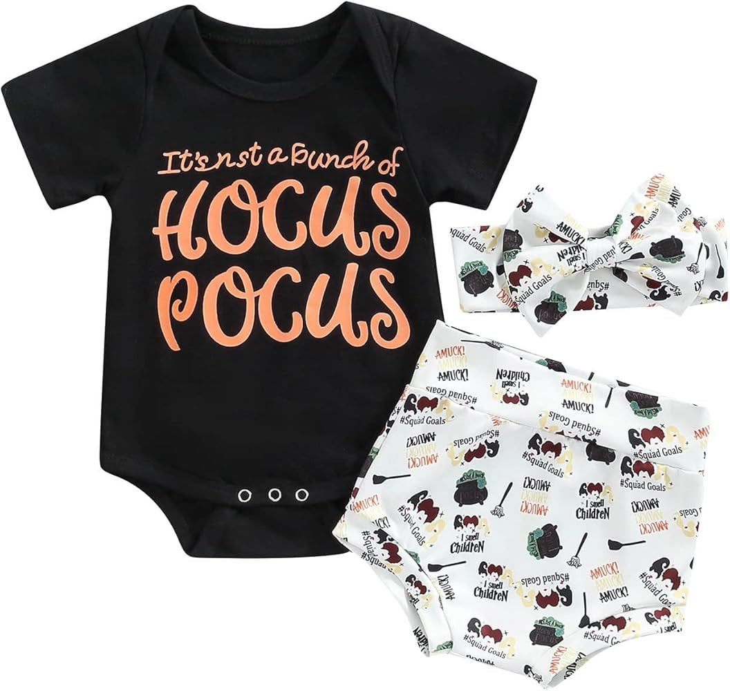 Baby Girl Halloween Outfit Cute Letter Print Romper Onesie Shirt and Pumpkin Shorts Halloween Bab... | Amazon (US)