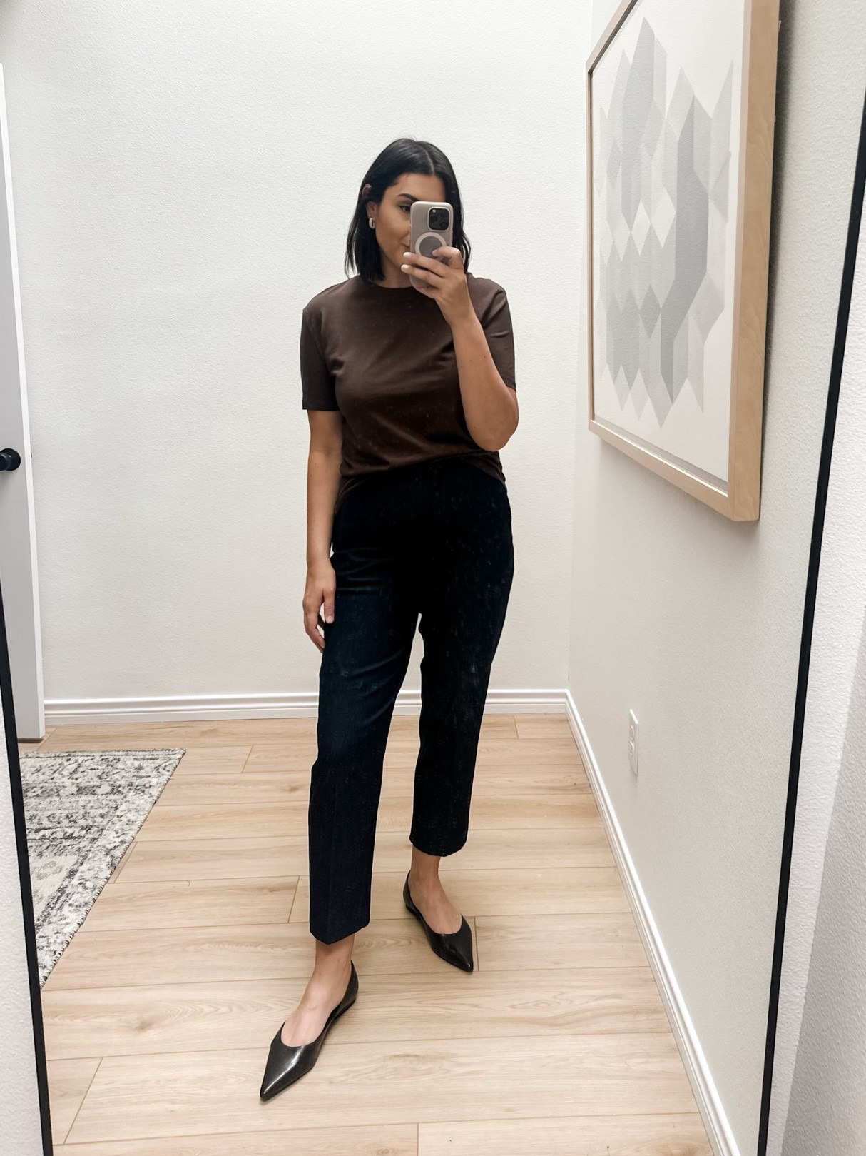 I am in the large of each tee. The brown tee is under $15 and runs snug. The oversized tee fits TTS with a relaxed fit. 

I'm in the large of the trousers, TTS.  

 