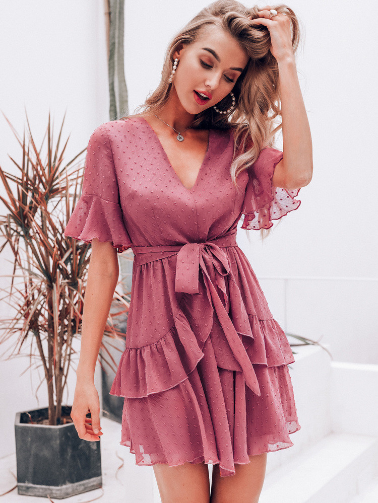 Swiss Dot Ruffle Hem Flounce Sleeve Belted Dress | SHEIN