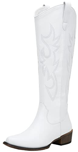 Jeossy Women's White Cowboy Boots Embroided Western Cowgirl Boots Square Toe Knee High Pull on Wide Calf Shoes with Inside Zipper Size 9.5 (DJY9809 white 09.5) | Amazon (US)
