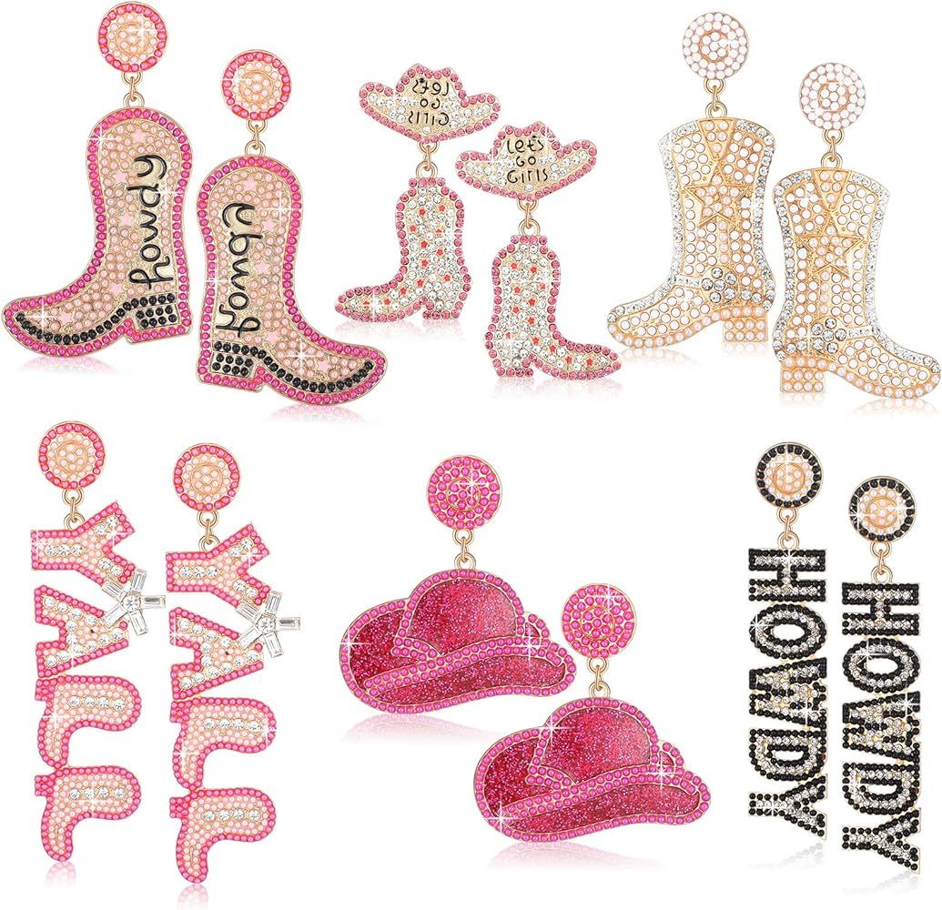 Junkin 6 Pairs Beaded Cowboy Earrings for Women Girls Rhinestone Beads Boot Hat Drop Dangle Earri... | Amazon (US)