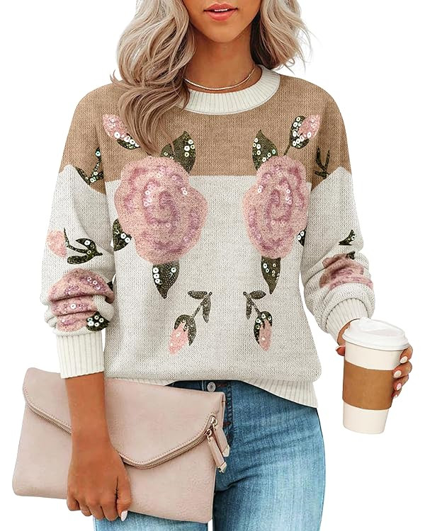 ZESICA Women's Floral Oversized Sweaters 2025 Fall Crewneck Long Sleeve Casual Chunky Knit Pullov... | Amazon (US)