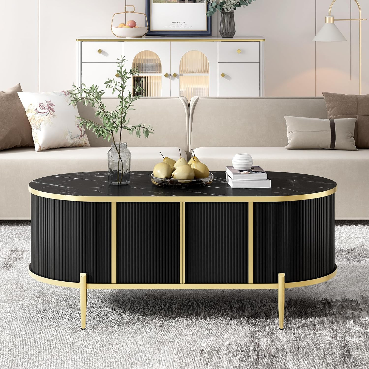 47.2" Black Oval Coffee Table, Modern Luxury Fluted Coffee Table with 2 Cabinets, Marble Patterne... | Amazon (US)