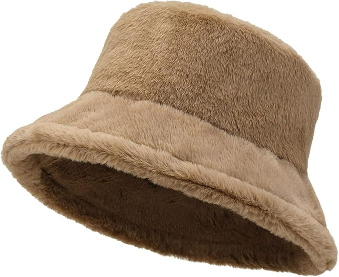 Women Plush Fluffy Bucket Hat Warm Lining Winter Faux Fur Cozy Wide Brim Winter | Amazon (US)