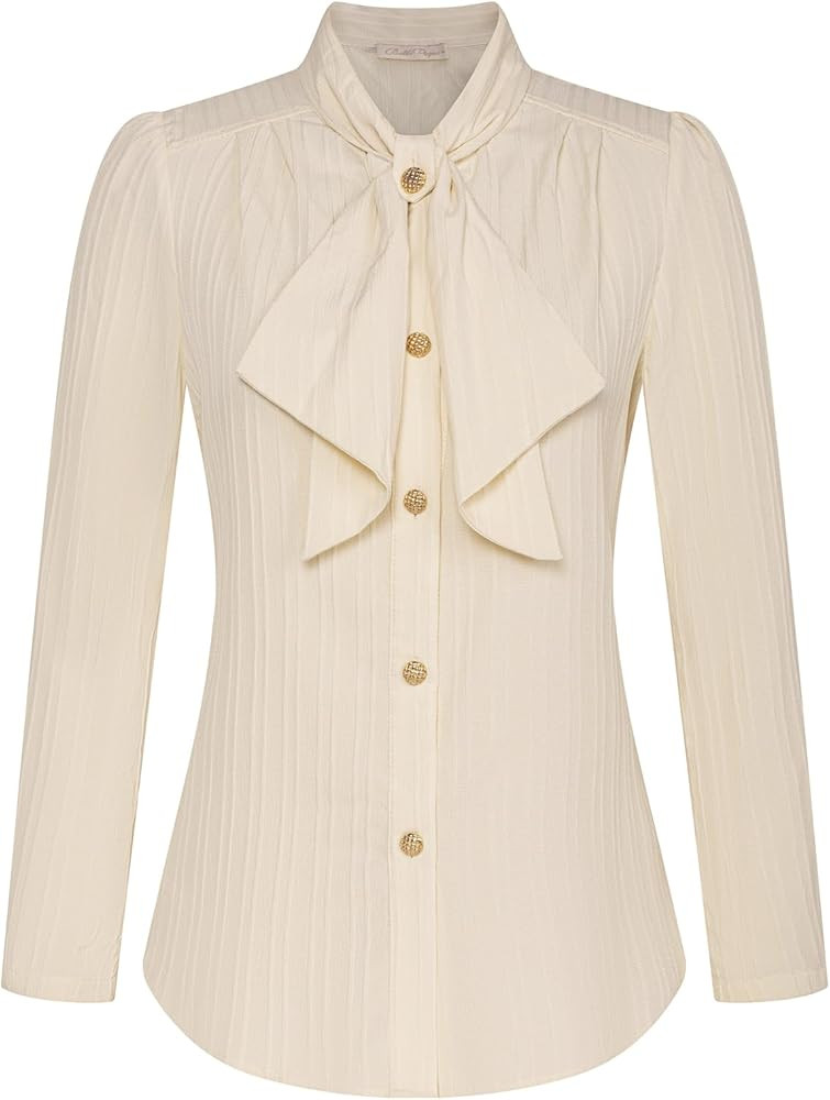 Belle Poque Women's Long Sleeve Button Down Shirts Vintage Bow Tie Textured Shirt Blouse Office W... | Amazon (UK)