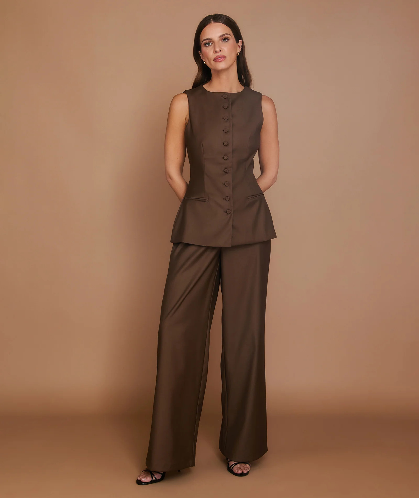 Wide Leg Tailored Trouser - Chocolate | Six Stories