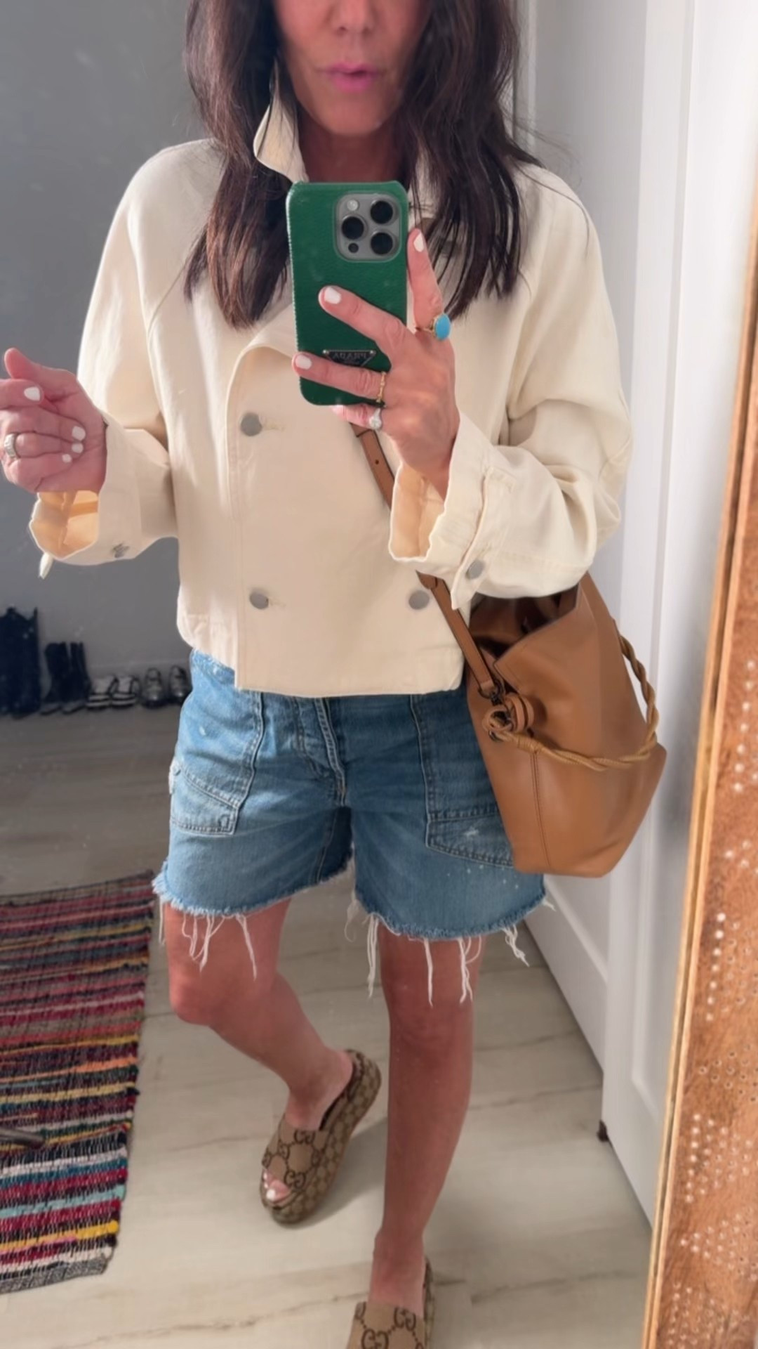 Quick Costco run fit 

Gucci slides 
Target jacket as shirt 
FP shorts that o cut myself but they sell the exact pair (called moxie) 

#LTKFindsUnder100 #LTKWatchNow #LTKFestival