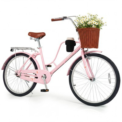 Gymax Beach Cruiser Bike 24-Inch Commuter Bike w/Adjustable Seat Woven Basket for City | Target