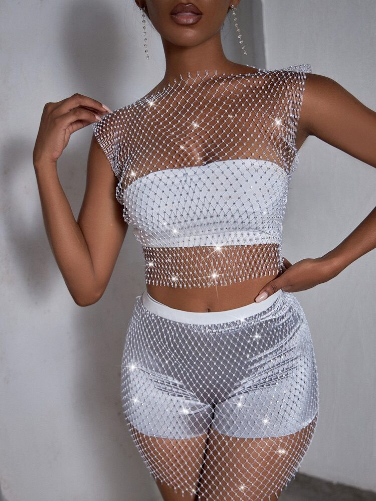Rhinestone Detail Fishnet Top | SHEIN