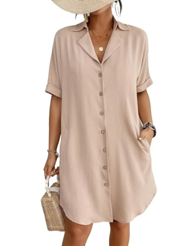 Bsubseach Swimsuit Coverup for Women Button Down Beach Swim Cover Up Shirt Dress Short Sleeve Summer Beachwear Khaki S | Amazon (US)