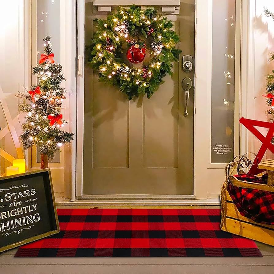 Christmas Red and Balck Plaid Rug - 28 x 43 Inches Outdoor Front Door Decor Mat Cotton Washable H... | Amazon (US)