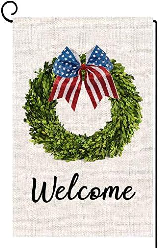 ORTIGIA Welcome Patriotic 4th of July Boxwood Wreath Garden Flag 12x18inch Burlap Double Sided Ameri | Amazon (US)
