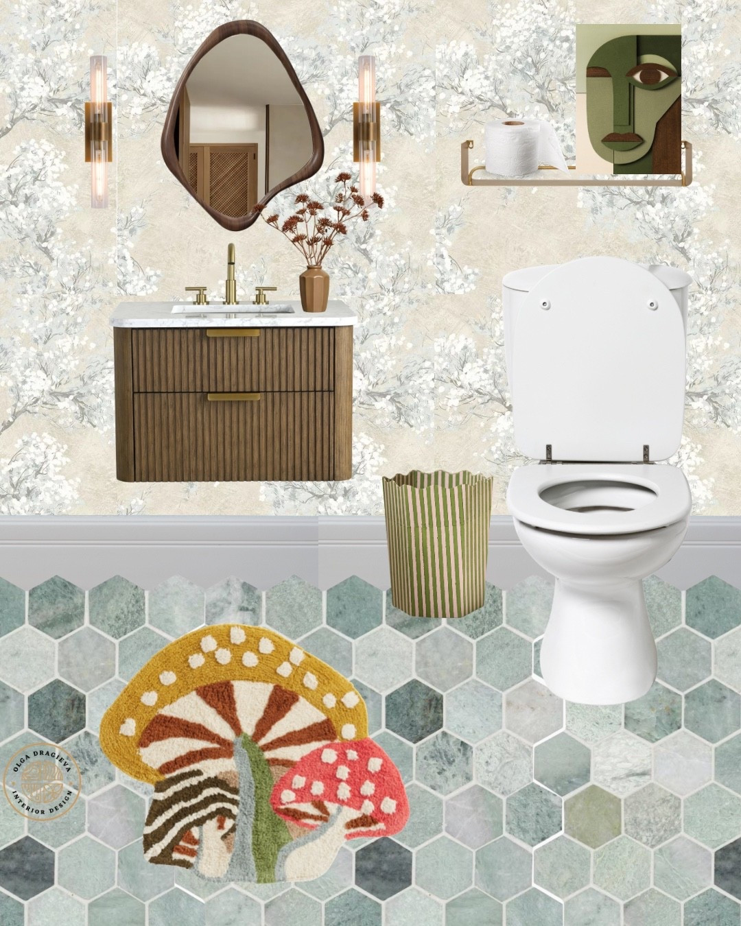 Fun Half bathroom mood board! Gorgeous vanity, curvy mirror, tile and wallpaper from Home Depot, Disenio art, and a fun bath mat from World Market. 

#LTKFamily #LTKSeasonal #LTKHome