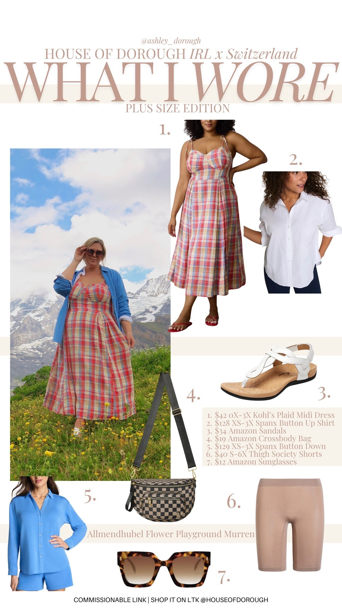 What I wore in Europe!! Wearing a 2X in the Spanx button ups, 1X in the plaid dress. Plus size, outfit inspo, travel outfit, mom life, apron belly, summer fashion

#LTKSeasonal #LTKTravel #LTKPlusSize
