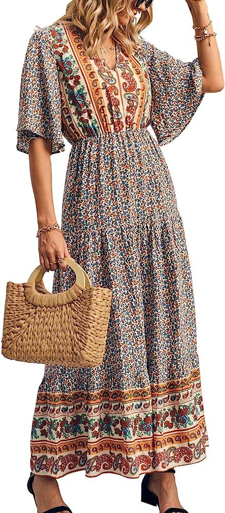 KIRUNDO 2021 Women’s Summer Short Sleeves Maxi Bohemia Dress Sexy V Neck Floral High Waist Flow... | Amazon (US)