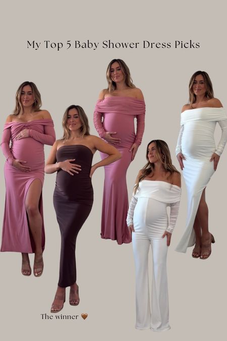 Honestly had the toughest time picking a baby shower dress because I loved all these, especially the pink floor length dress. I went with the brown because it was neutral and made the most sense for our baby shower. Wearing size US 6 