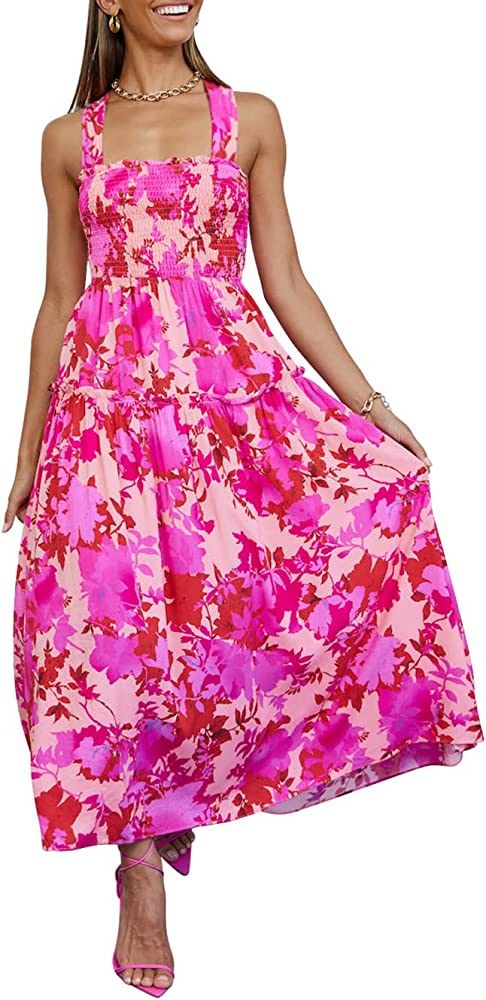 PRETTYGARDEN Women's Summer Maxi Dress Halter Neck Backless Ruffle Smocked Casual Long Flowy Boho... | Amazon (US)