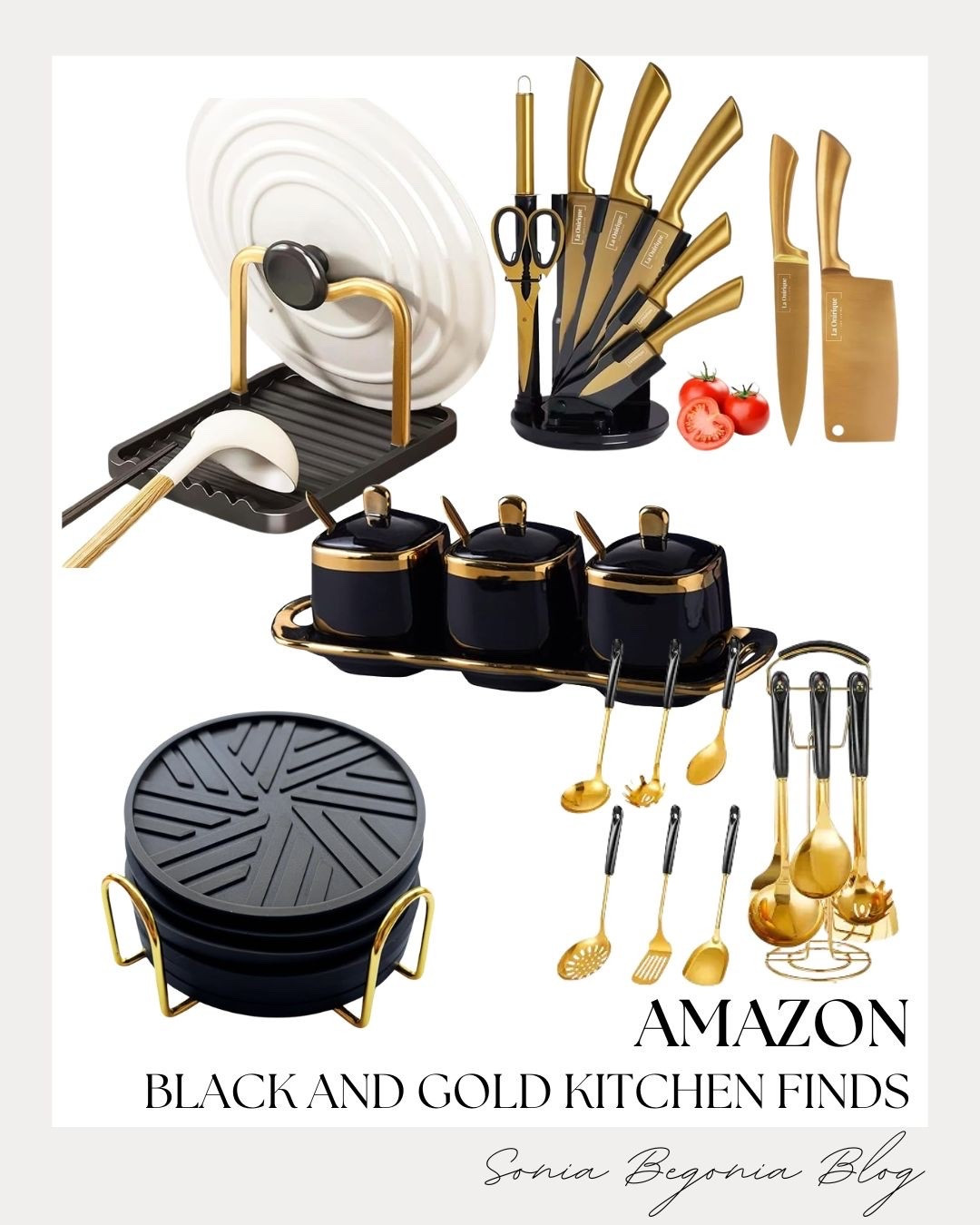 I’m loving these sleek Amazon black and gold kitchen finds! 🖤

Gold knife sets, utensil holders with gold utensils, spice jars, lid stands, and coasters bring luxury to your counter. ✨

#LTKhome #LTKunder50 #LTKsalealert #AmazonHome #KitchenFinds #KitchenDecor #BlackAndGold #HomeInspo #InteriorStyling

#LTKHome