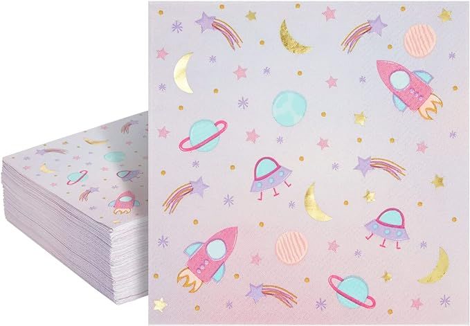 BLUE PANDA 50 Pack Galaxy Space Napkins for Girls Outer Space Birthday Party Supplies (Pink, 5 In... | Amazon (US)
