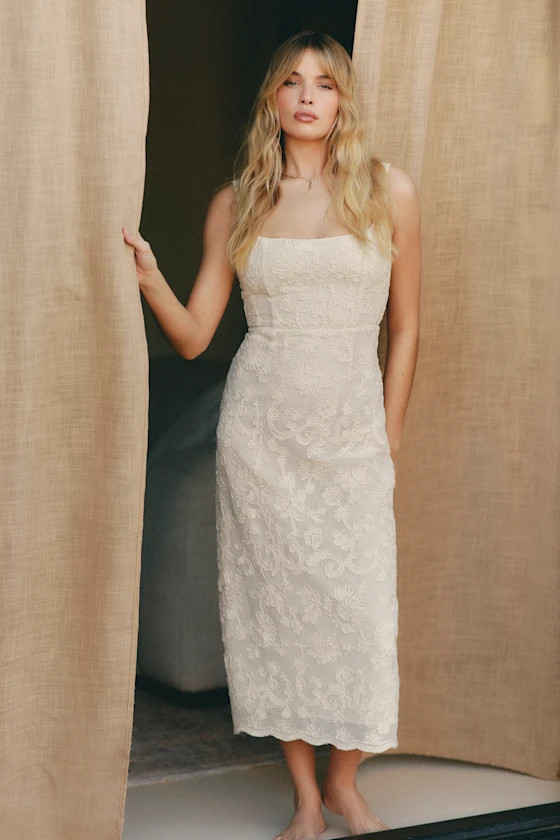 Larine Cream Abstract Floral Embroidered Midi Dress | Lulus