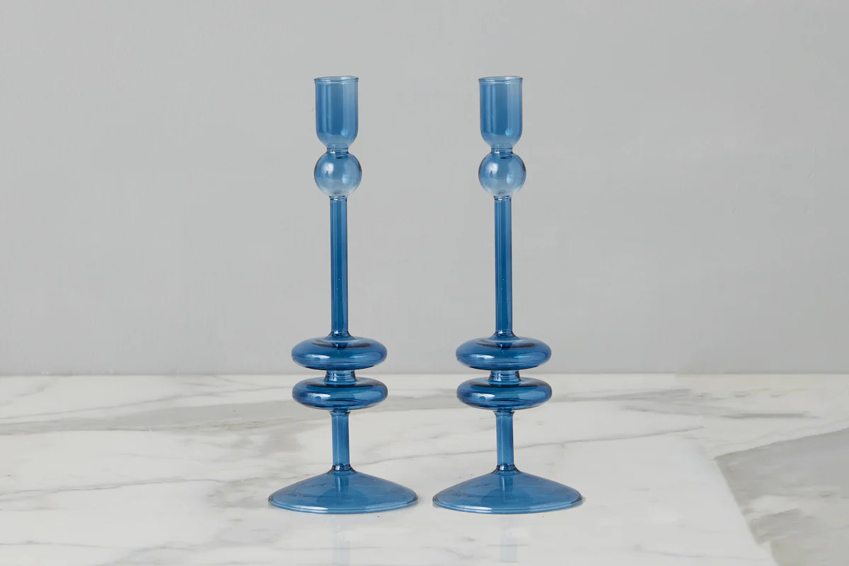 Sapphire Glass Candlestick Pair, Medium | etúHOME