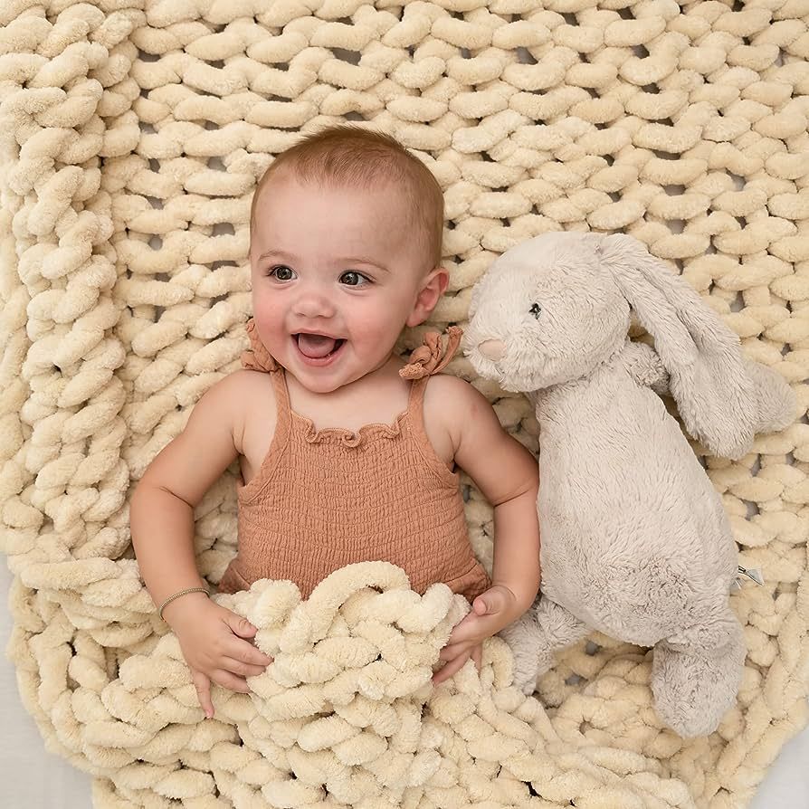 SAMIAH LUXE Beige White Boho Chunky Knit Blanket Throw for Nursery, Baby Crib, Decor - Large 50x3... | Amazon (US)