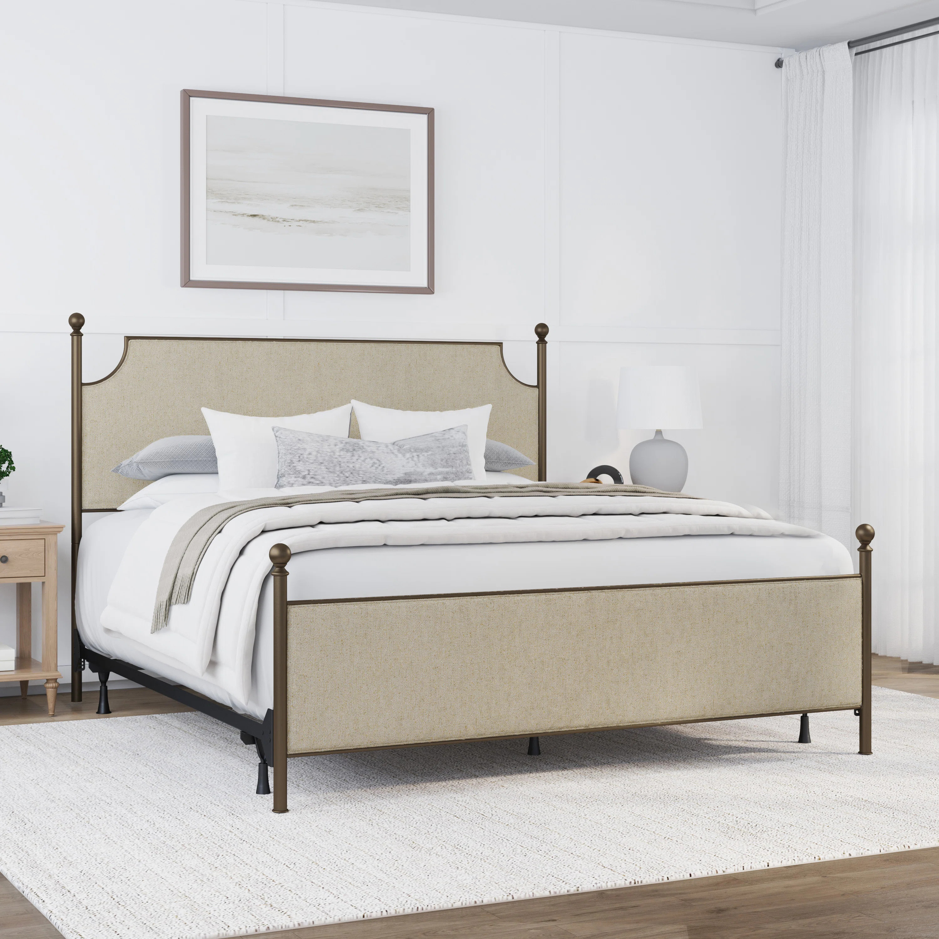 Olague Metal And Upholstered King Bed, Champagne With Ivory Fabric | Wayfair North America
