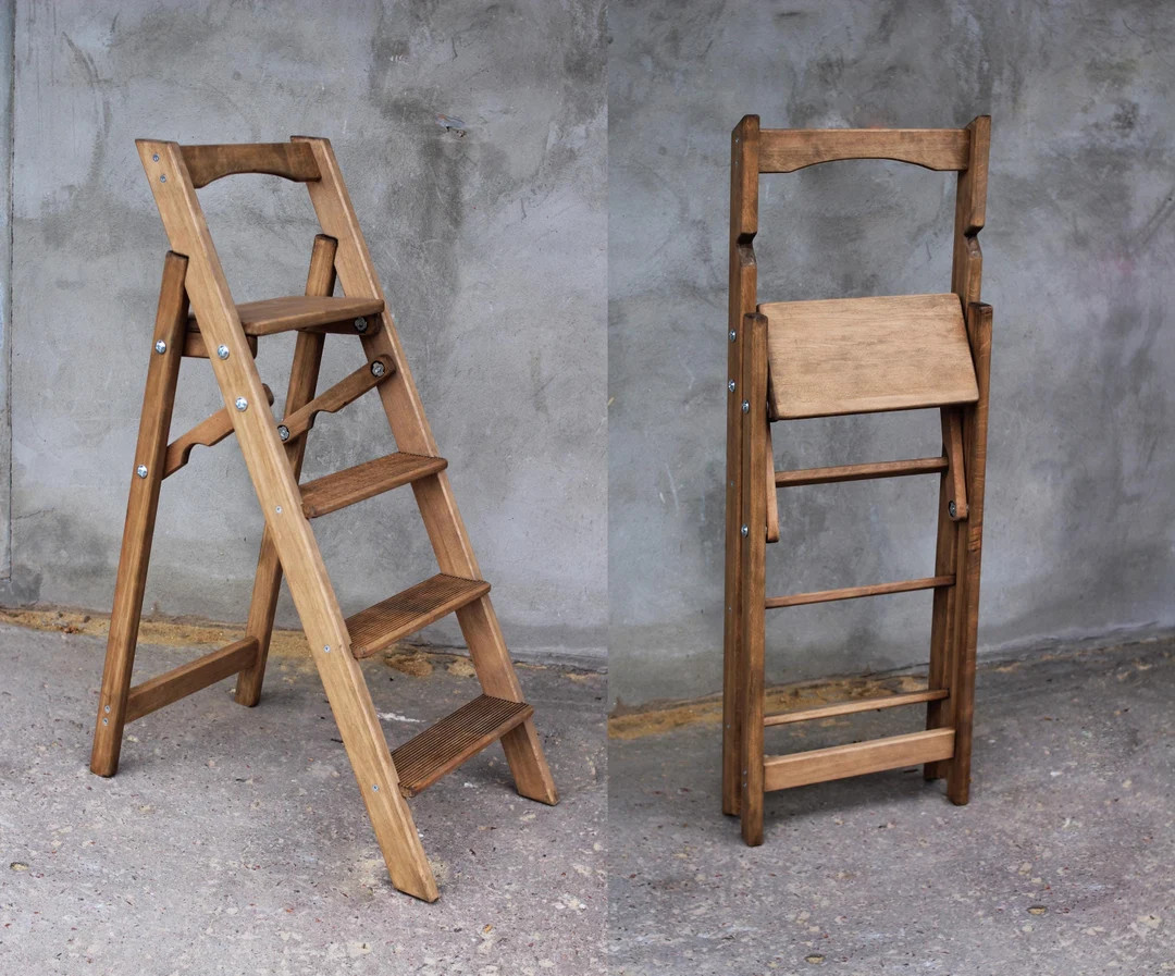 Handmade Wooden Folding Step Ladder – Durable Solid Wood Stepladder for Home and Kitchen | Comp... | Etsy (US)