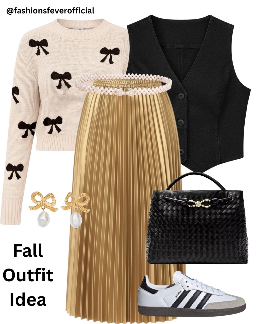 Fall Outfit Ideas For Women In 2025. The bow knit sweater top, paired with a black sophisticated vest and a golden pleated skirt. To accentuate the look add the pearl belt. Adidas Samba and the black woven bag elevates the look further! Perfect for fall casual, parties or weekend look. #ltkfashion #ltkfall 

#LTKStyleTip #LTKSeasonal #LTKParties