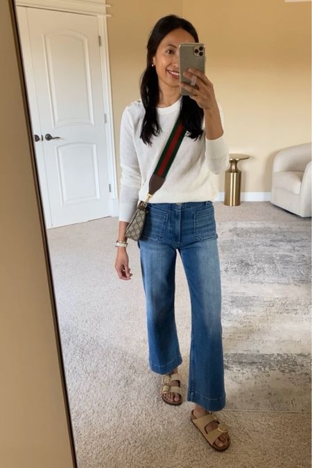 Spring outfit. Spring outfits. Spring sweater is done in a nice mesh knit and true to size. Wide leg jeans have a really nice silhouette and fit. Good material, soft, has stretch. True to size for me; size down if in between. 
Slide sandals. Birkenstock  

#LTKover40 #LTKstyletip #LTKitbag
