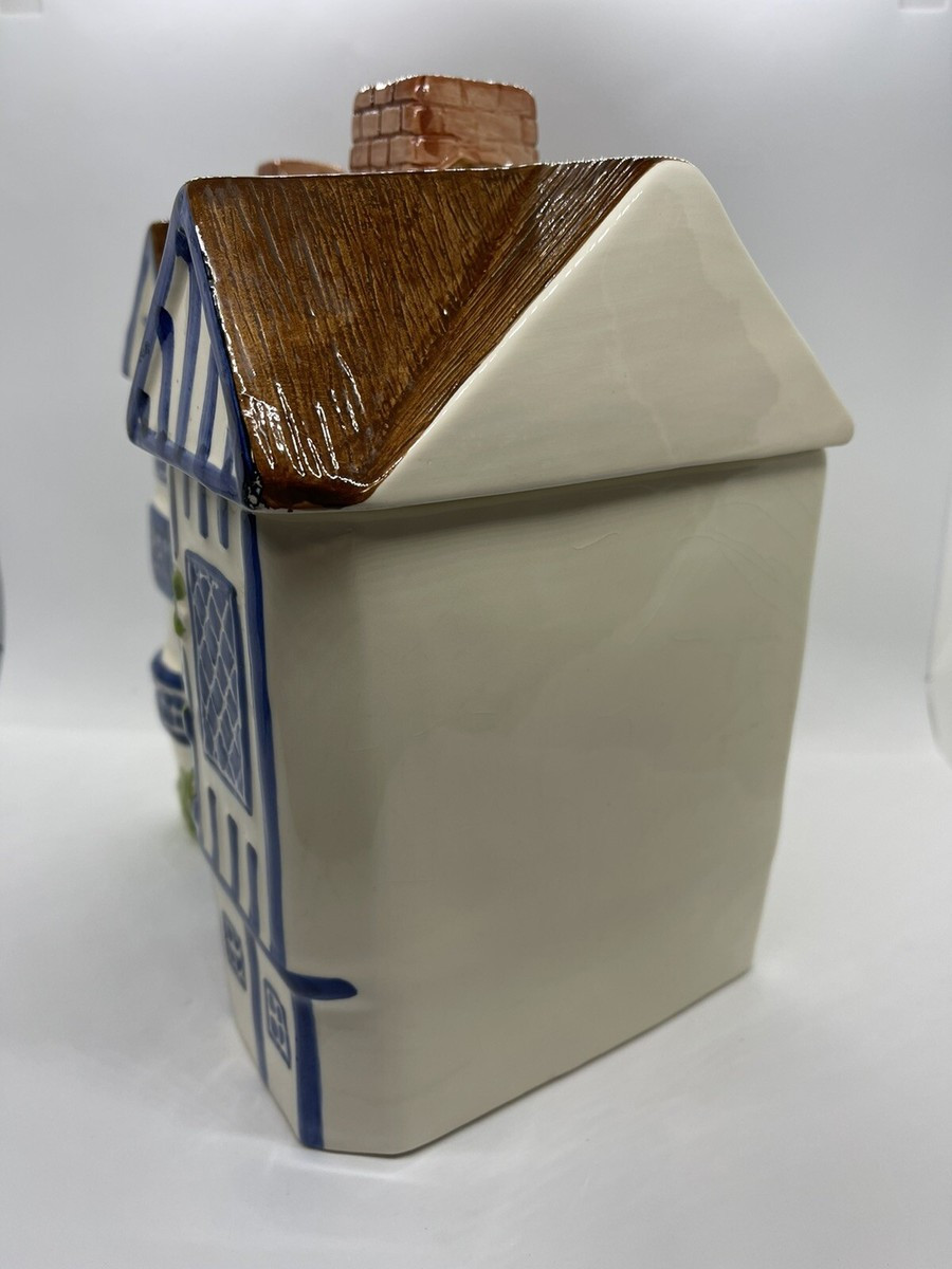 Japan Vntg Ceramic House Cookie Jar The Haldon Group Bank Angel Inn Blue & White  | eBay | eBay US