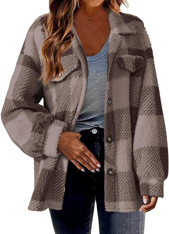 OTSANT Plaid Jackets for Women Oversized Winter Jackets Warm Fuzzy Fleece Jacket Coat Long Sleeve... | Amazon (US)