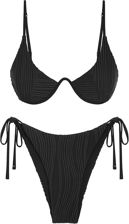 ZAFUL Women's Bikini Sets Ribbed Two Piece Swimsuits Underwire Adjustable Back Clasp Bathing Suit... | Amazon (US)