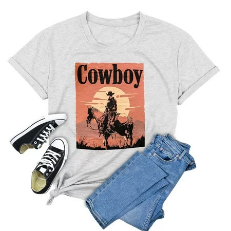XCHQRTI Women Cowboy Graphic Shirt Western Short Sleeve Print Tshirt | Walmart (US)