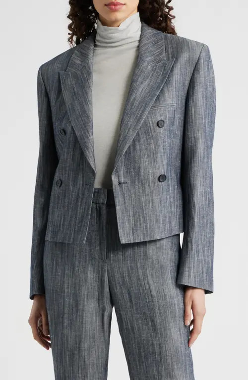 BOSS Jelsia Belted Sharkskin Twill Double Breasted Crop Blazer in Charcoal Sharkskin at Nordstrom, Size 14 | Nordstrom
