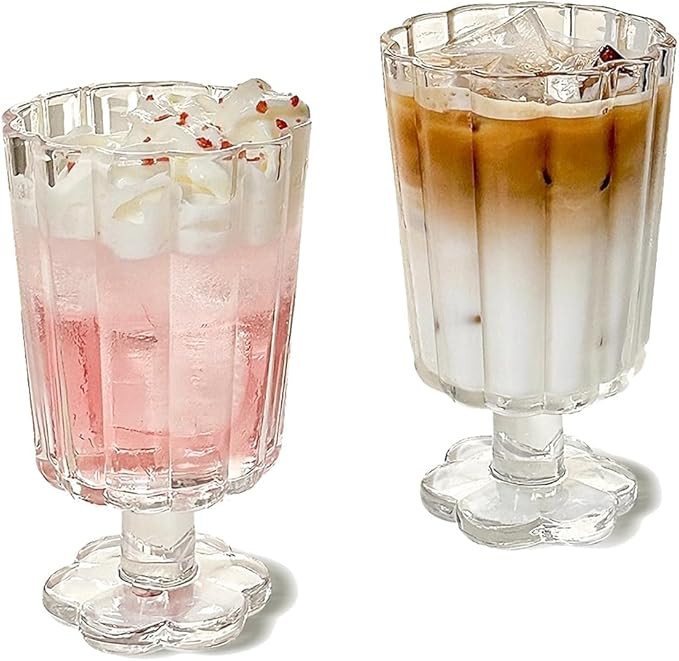 Footed Ice Cream Cups Drinking Glasses Set of 2 (Transparent), Flower Petal Style Glass Goblet, S... | Amazon (US)