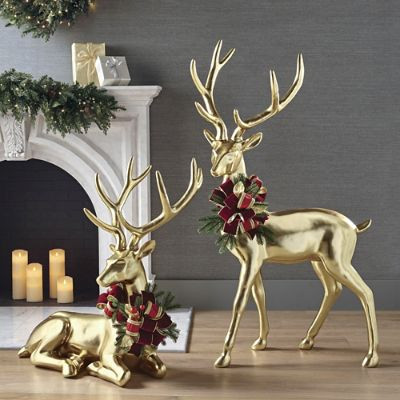 Gold Glimmer Deer with Wreath Collar & Hand-Applied Metallic Finish | Frontgate