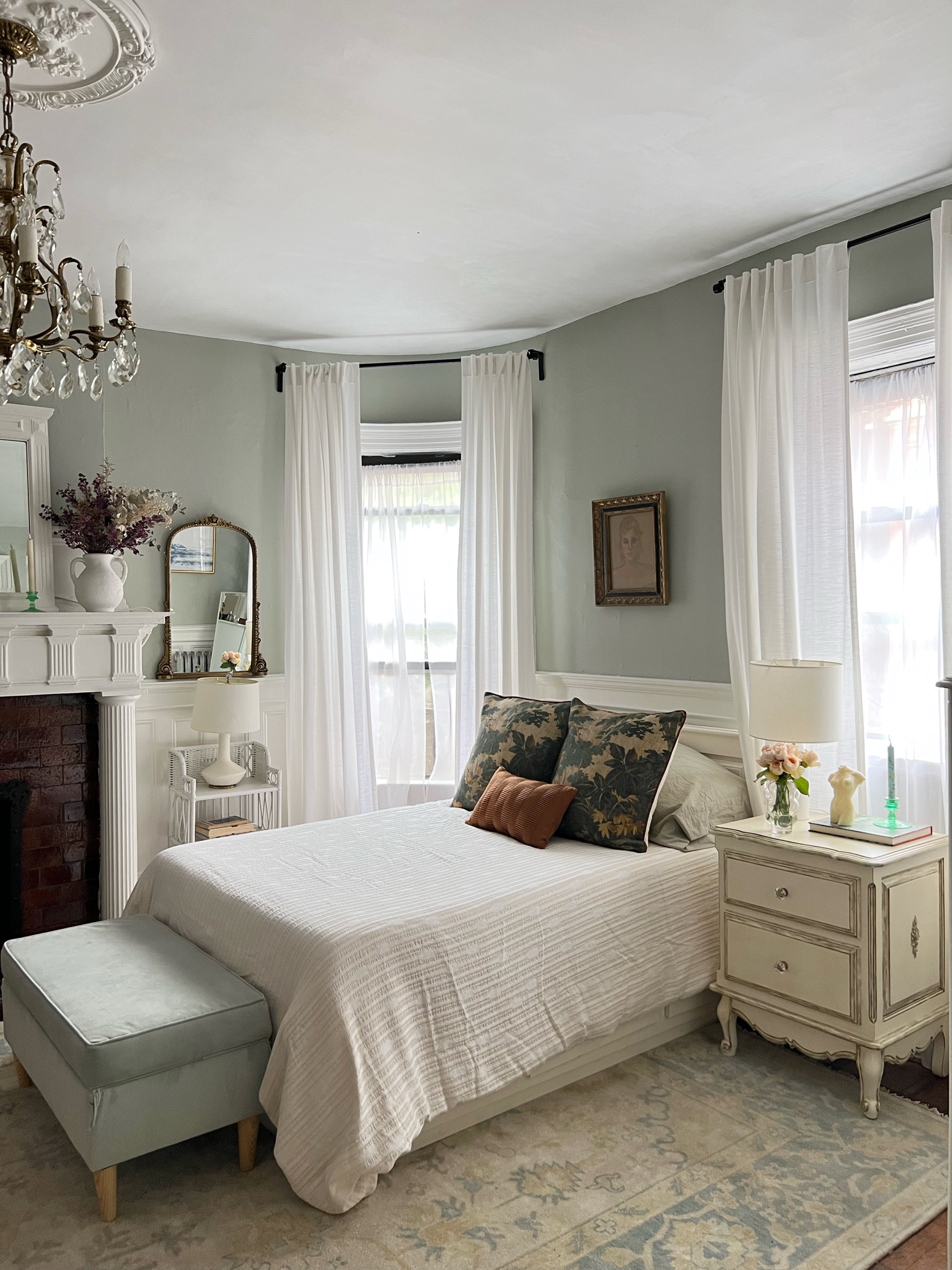 Bedroom sources- light green paint color, rug, velvet storage bench, duvet cover, pillow cover 

#LTKstyletip #LTKSale #LTKhome