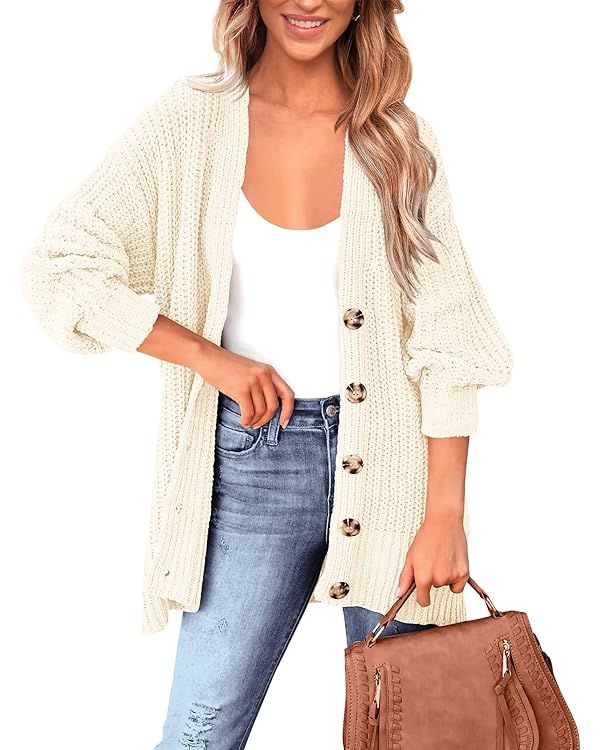 BTFBM Women's Button Down Cardigan Coat Long Sleeve Fall Winter Clothes Loose Chunky Knit Open Fr... | Amazon (US)