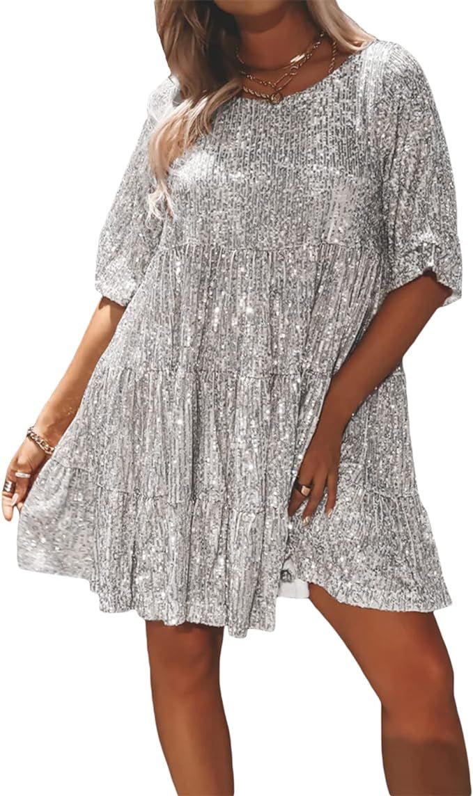 Axupico Women Sequin Baby Doll Dress Round Neck Short Sleeve Glitter Sparkly Tiered Tunic Dress C... | Amazon (US)