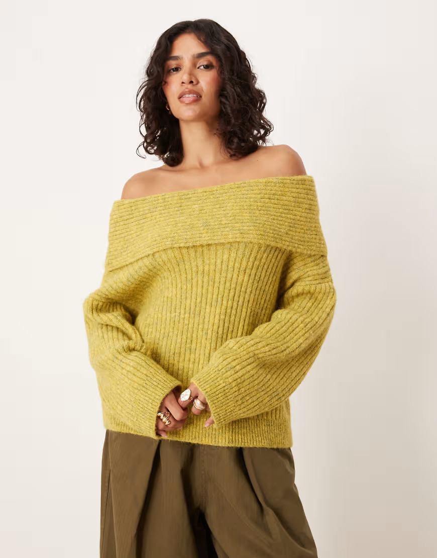 ASOS DESIGN oversized off shoulder sweater with wool in olive-Green | ASOS (Global)