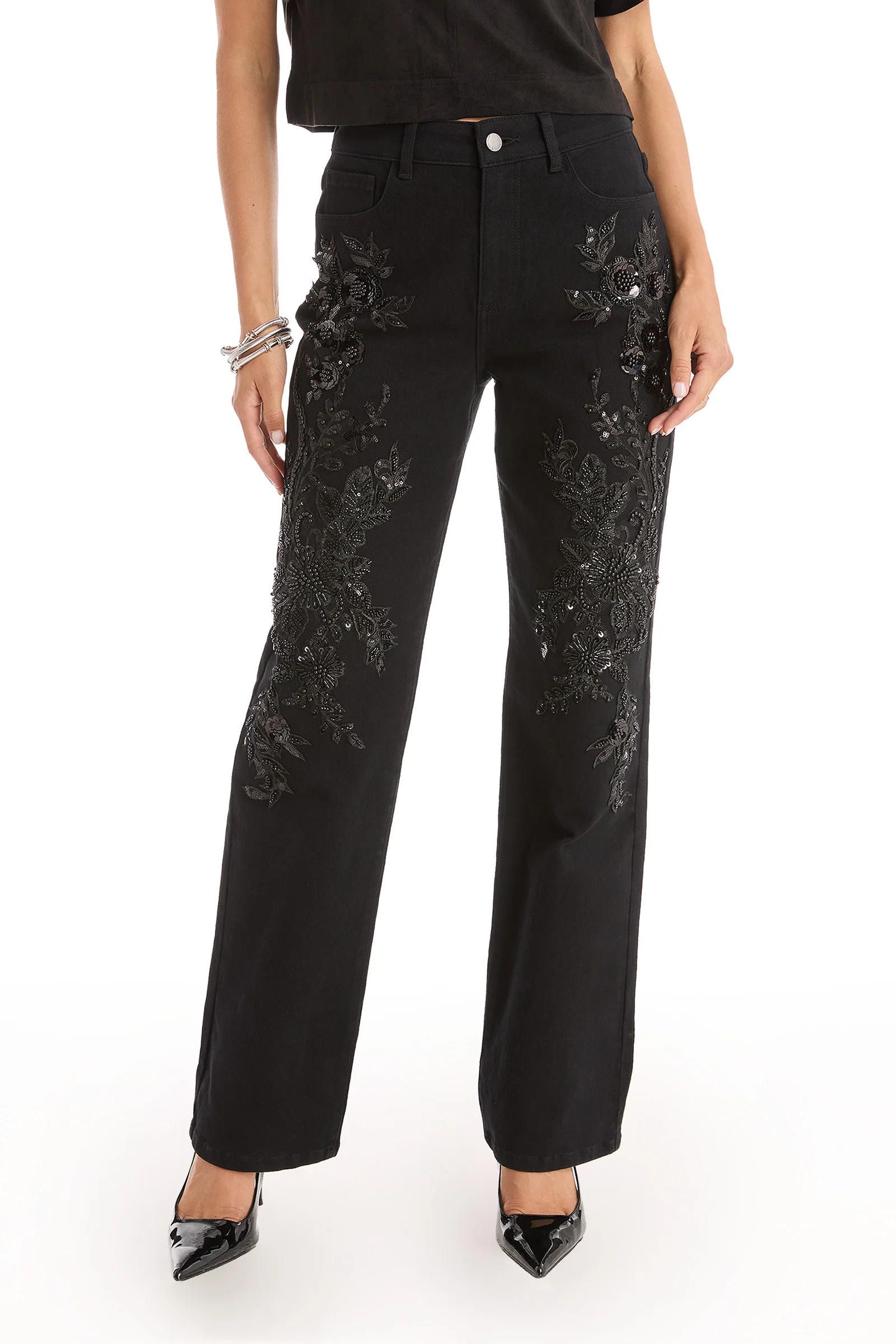 Stassi Floral Sequin Jean - Black | The Noli Shop