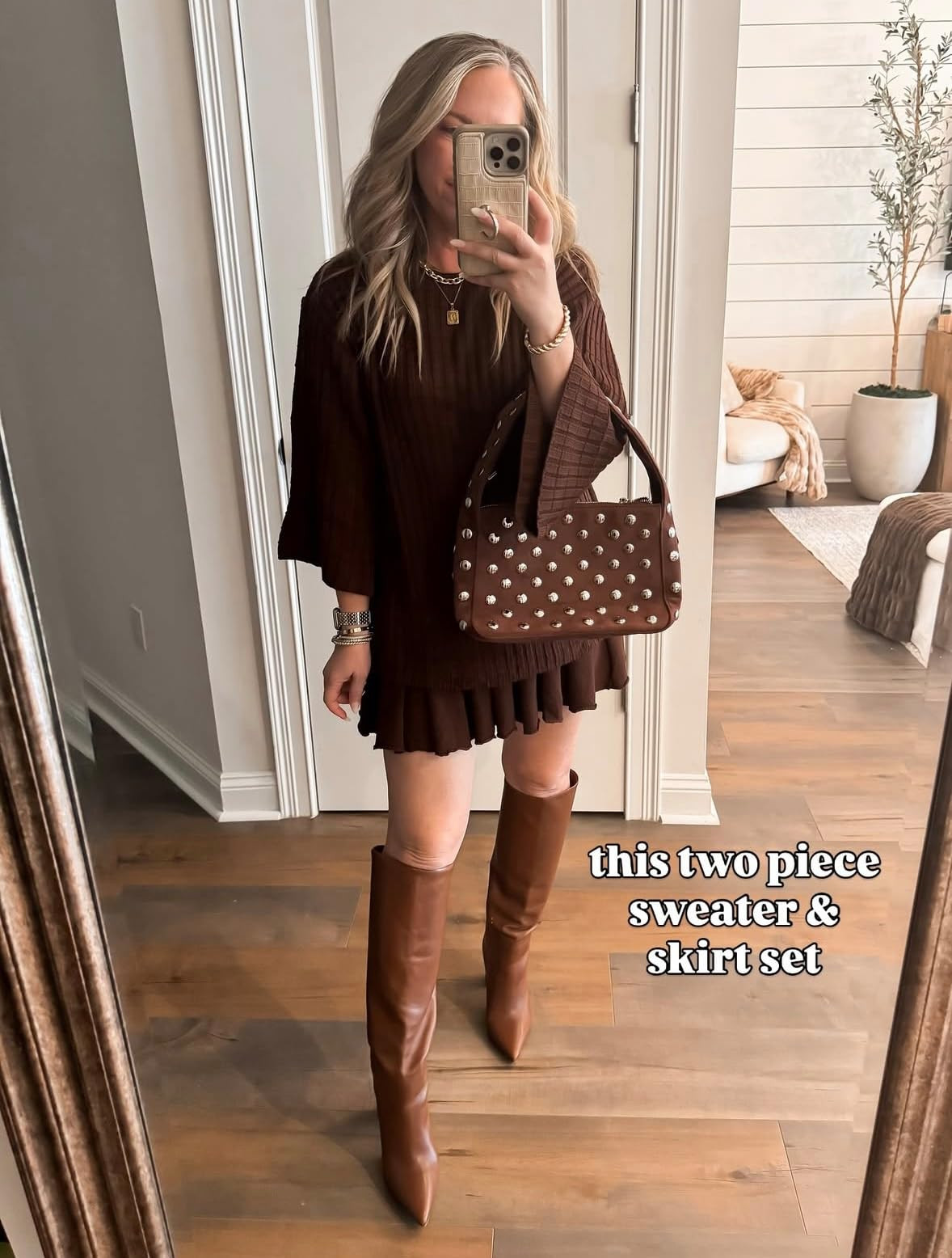 Cute Thanksgiving outfit from Amazon! Mini skirt set, chocolate brown, styled look, dressed up outfit inspo, ruffle skirt, sweater, knee high boots, studded purse, trending style, comfy yet stylish, Amazon fashion finds 🤎 

 #LTKHoliday #LTKFindsUnder50 #LTKStyleTip