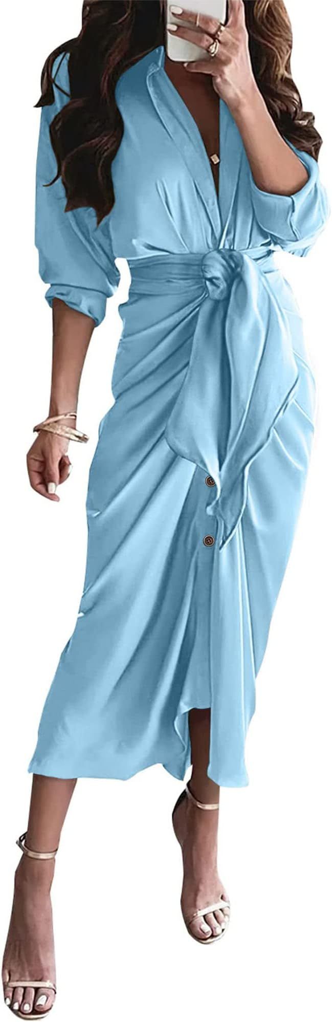BTFBM Women Long Sleeve Satin Dress 2024 Spring Summer Lapel V Neck Button Down Belted Elegant Ru... | Amazon (US)