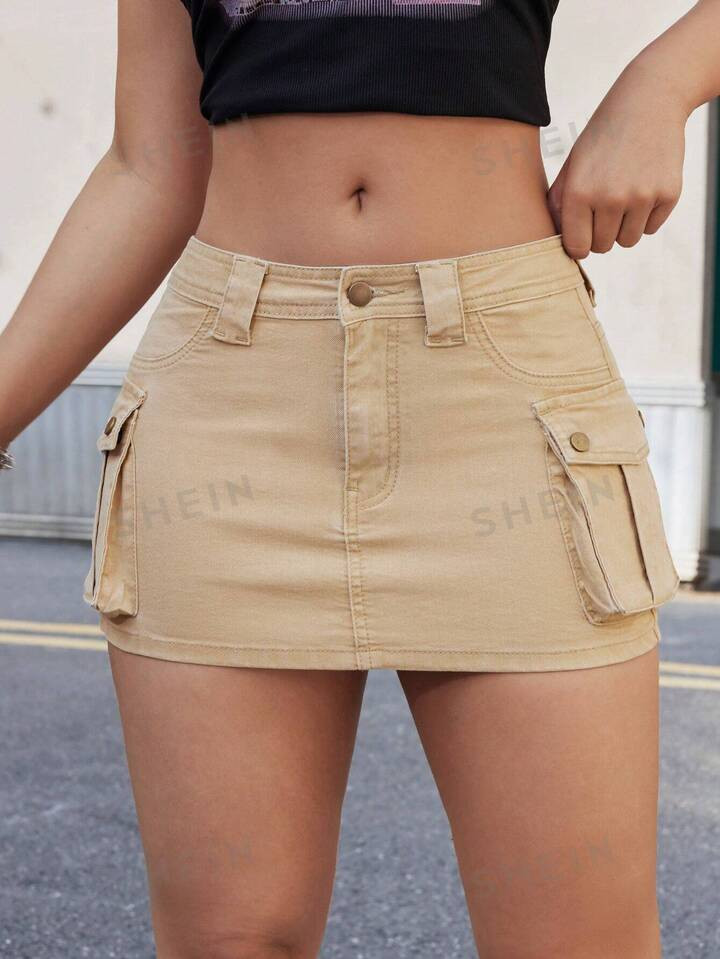 SHEIN EZwear Women's Solid Color Cargo Denim Skirt | SHEIN