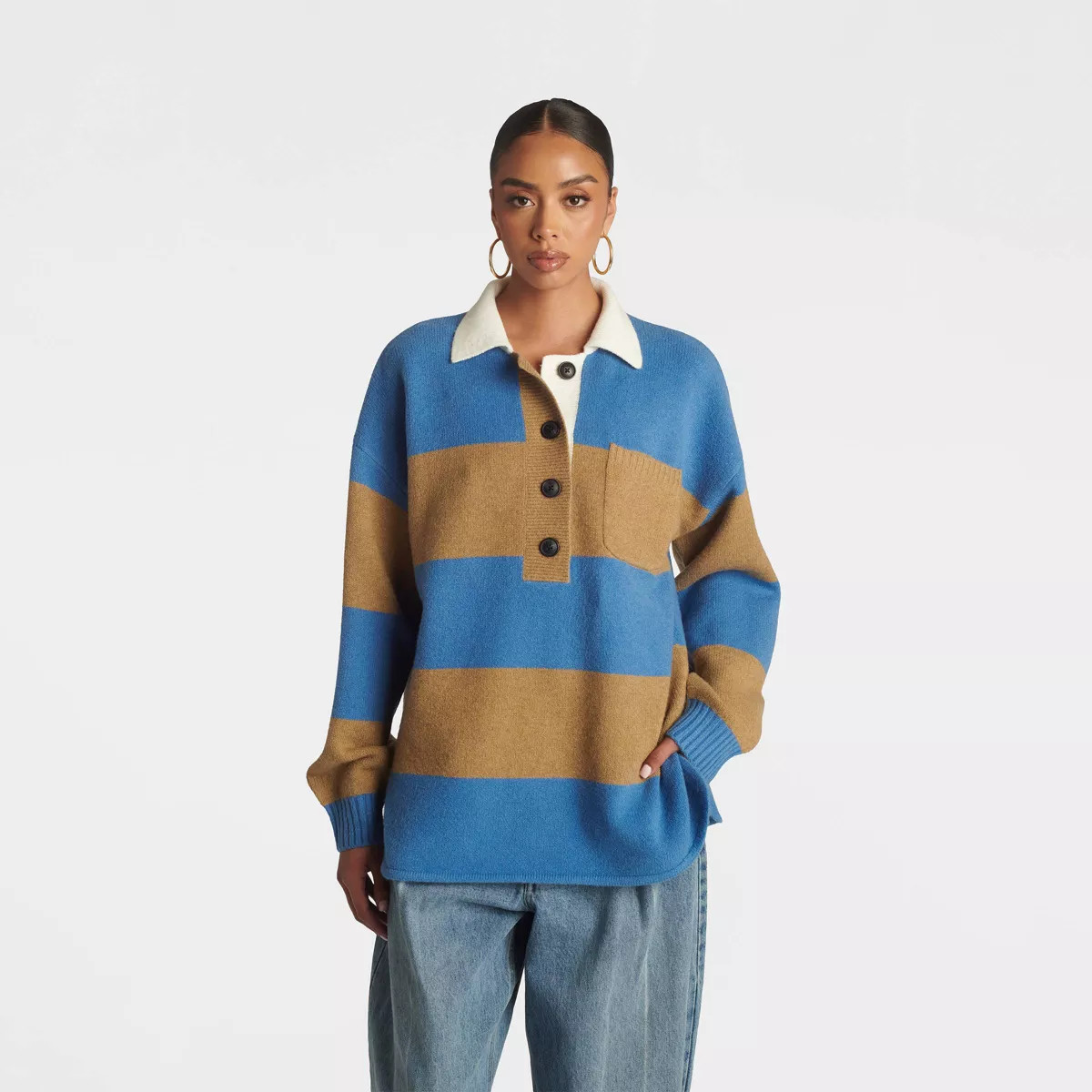 KBB by KAHLANA Women's Long Sleeve 'The Crys Rugby Shirt' - Blue/Camel Striped M | Target